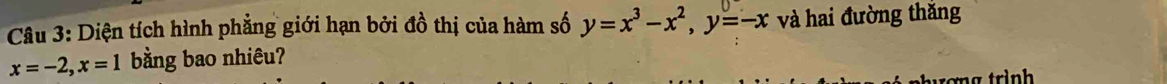 Diện tích hình phẳng giới hạn bởi đồ thị của hàm số y=x^3-x^2, y=-x và hai đường thắng
x=-2, x=1 bằng bao nhiêu? 
ng trình