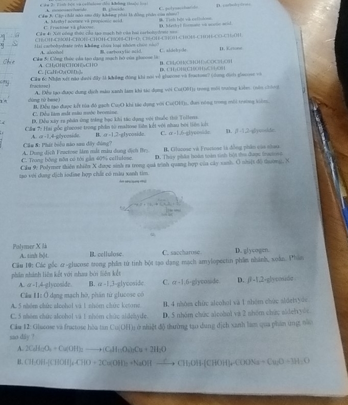 Tình bột và cellulese đều không thuộc loại B. glucide
A. monosaccharide
Cầu 3: Cặp chất nào sau đây không phải là đồng phân của nhau? C. polysaccharide D. carbobydrote
A. Methyl acetate và propionic acid. B. Tinh bột và cellulose.
C. Fructose và glicose.
Cầu 4: Xét công thức cầu tạo mạch hở của hai carbohydrate sau D. Methyl firmate và ocetic acid.
CH-OH-CHOH-CHOH-CHOH-CHO| -C11-O : CH-OH-CHOH-CHOH-CHOH-CO-CH-OH
Hai carbohydrate trên không chúa loại nhóm chức nào? D. Ketone
A. alcohol B. carboxylie acid. C. aldehyde.
Câu 5: Công thúc cầu tạo dạng mạch hỏ của glucose là
A. CH₂OH(CHOH)₄CHO B. CH₂OH(CHOH)₃COCH₂OH
C. [C₆H₂O₂(OH)₃]s D. CH₂OH(CHOH)₄CH₂OH
Câu 6: Nhận xét nào dưới đây là không đùng khi nói về glucose và fructose? (dung địch glecose và
fructose)
A. Đều tạo được dung dịch màu xanh lam khi tác dụng với Cu(OH)₂ trong môi trường kiểm. (nên chông
dùng từ base
B. Đều tạo được kết tủa đó gạch Cu₂O khi tác dụng với 0 Cu(OH) 0, đun nóng trong môi trường kiêm
C. Đều làm mắt màu nước bromine.
- D. Đều xảy ra phản ứng trăng bạc khi tác dụng với thuốc thứ Tollens
Cầu 7: Hai gốc glucose trong phân tử maltose liên kết với nhau bởi liên kết
a
A. a-1 4-8 ycoside B. a-1,2 -glycoside. C. alpha -1 6-glycoside D. beta -1,2-id) yeoside.
Cầu 8: Phát biểu nào sau đây đủng?
A. Dung địch Fructose lâm mắt màu dung dịch Br₂. B. Glucose và Fructose là đồng phân của nhau.
C. Trong bông nôn có tới gần 40% cellulose. D. Thủy phân hoàn toàn tinh bột thu được fractosp
Câu 9: Polymer thiên nhiên X được sinh ra trong quả trình quang hợp của cây xanh. Ở nhiệt độ thường, X
tạo với dung dịch iodine hợp chất có màu xanh tìm.
Am xáng j quang xànu]
Polymer X là
A. tinh bột. B. cellulose. C. saccharose. D. glycogen.
Cầu 10: Các gốc &-glucose trong phân tứ tinh bột tạo dạng mạch amylopectin phân nhánh, xoắn. Phân
phân nhánh liên kết với nhau bởi liên kết
A. alpha -1,4-g) lycoside. B. alpha -1,3-glycos ide C. alpha -1,6-glyec side. D. /1-1.2-gly coside
Câu 11:0 dạng mạch hờ, phần tử glucose có
A. 5 nhóm chức aleohol và 1 nhóm chức ketone B. 4 nhóm chức alcohol và 1 nhóm chức aldel yốc
C. 5 nhóm chức alcohol và 1 nhóm chức aldehyde. D. 5 nhóm chức alcohol và 2 nhóm chức aldeltyde.
Câu 12: Glucose và fructose hòa tan Cu(OH)_2 ở nhiệt độ thường tạo dung dịch xanh lam qua phân ứng nào
sao dây ?
A. 2CdH_12O_4+Cu(OH)_2to (C_6H_11O_6)_2Cu+2H_2O
B. CH_2OH· [CHOH]_4· CHO+2Cu(OH)_2+NaOHto CH_2OH· (CHOH)_4-COONato Cu_2O+3H_2O