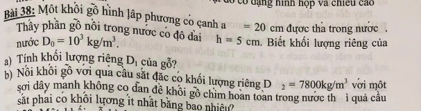 có dạng hình họp và chiếu cao 
Bài 38: Một khôi gô hình lập phương có canh a=20cm được tha trong nước . 
Thây phân gô nôi trong nước co đô đai 
nước D_0=10^3kg/m^3. h=5cm. Biết khối lượng riêng của 
a) Tính khối lượng riêng D_1 của gỗ? 
) Nội khôi gồ với qua câu sắt đặc co khối lượng riêng D _2=7800kg/m^3 với môt 
sơi dây manh không co đan đề khôi gô chim hoan toan trong nước th ì quả cầu 
sắt phai co khôi lương it nhật băng bao nhiên