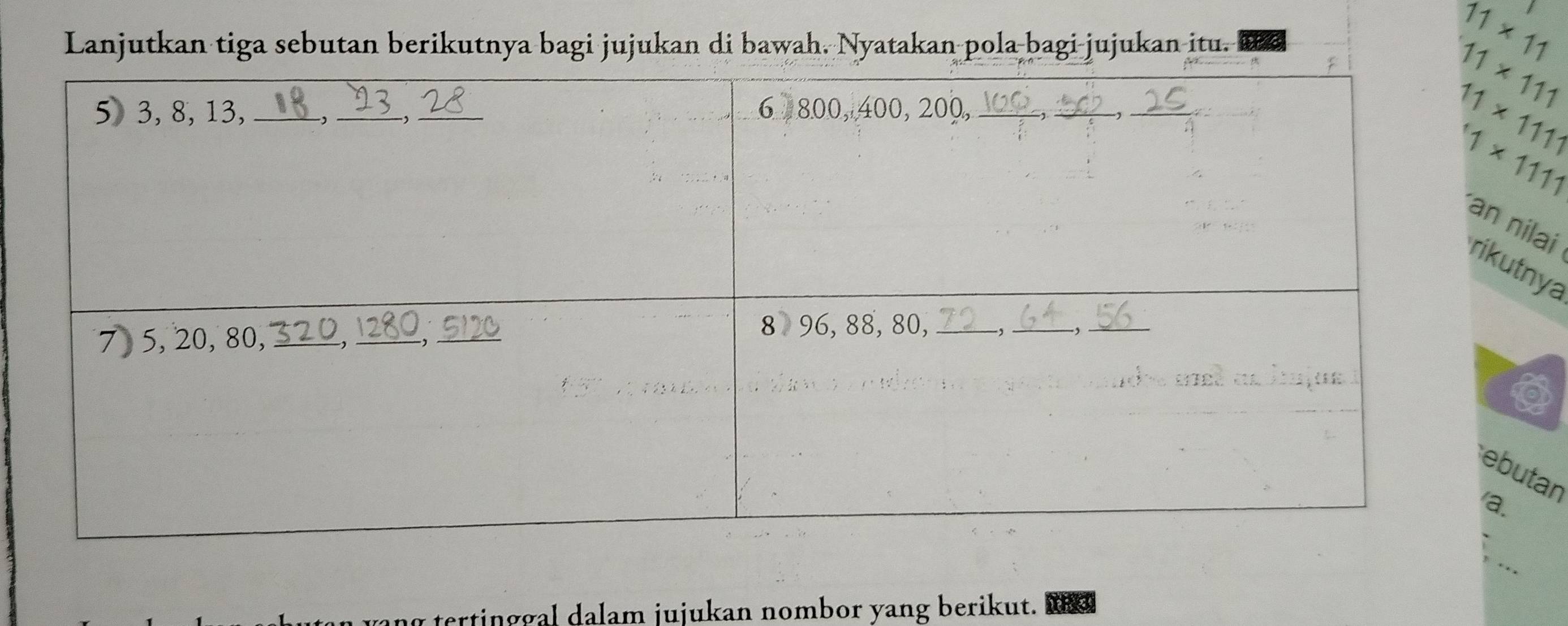 Lanjutkan tiga sebutan berikutnya bagi jujukan di bawah. Nyatakan pola bagi-jujukan itu.
11* 11
ilai
tnya
utan
ng tertinggal dalam jujukan nombor yang berikut. M