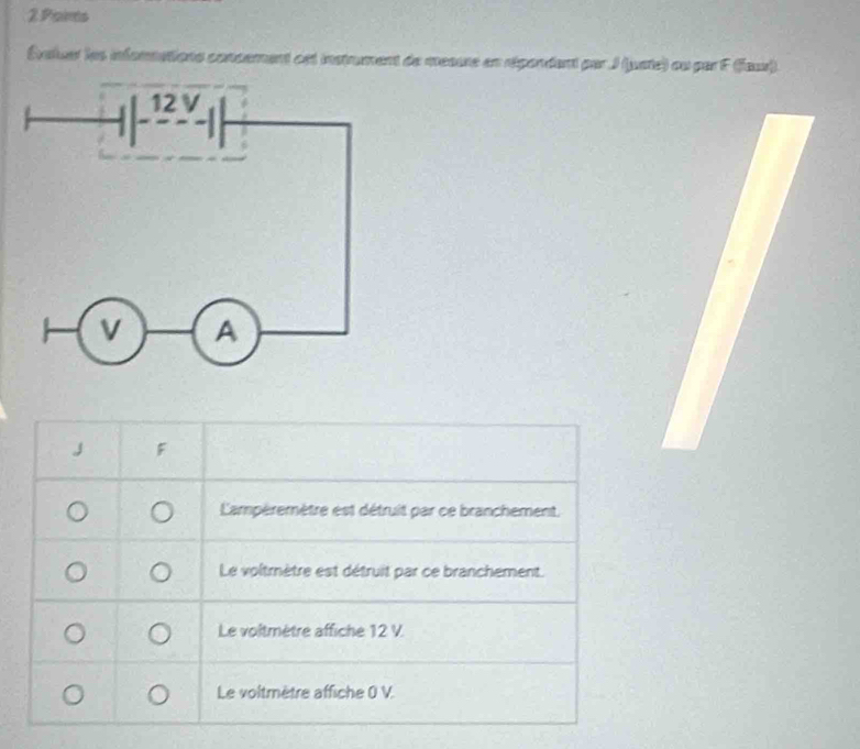 Paims
(valuet les inéonmatione concement ont instrument de mesure en répondent par J (pate) ou par F (jaur).
J F
Lampéremètre est détruit par ce branchement.
Le voltrètre est détruit par ce branchement.
Le voltmètre affiche 12 V.
Le voltmètre affiche 0 V.