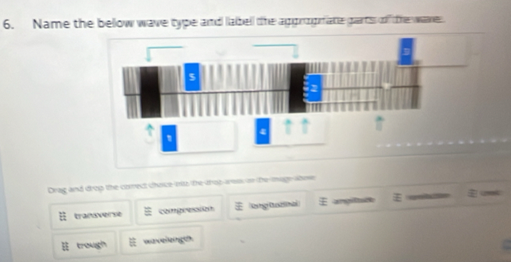 Name the below wave type and labell the apprognate garts of the wre
Drag and drop the corect choce-ito the-drop-aess on the mage-abose
transverse compression lng]ttnài) ampiladke
trough  36/4π   wavelengeh