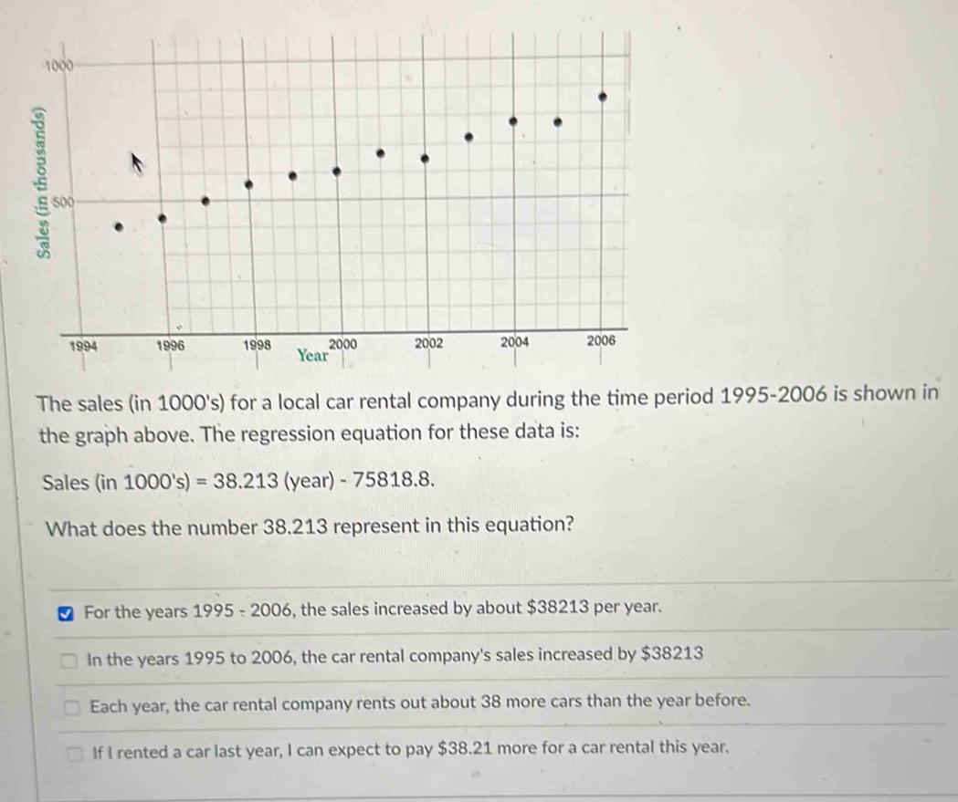 The sales (in 1000's) for a local car rental company during the time period 1995-2006 is shown in
the graph above. The regression equation for these data is:
Sales (in 1000's)=38.213 (year) - 75818.8.
What does the number 38.213 represent in this equation?
For the years 1995-2006 6, the sales increased by about $38213 per year.
In the years 1995 to 2006, the car rental company's sales increased by $38213
Each year, the car rental company rents out about 38 more cars than the year before.
If I rented a car last year, I can expect to pay $38.21 more for a car rental this year.