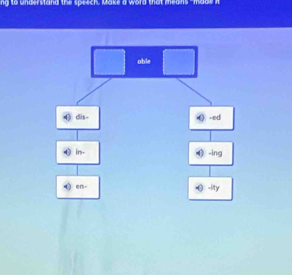 ng to understand the speech. Make a word that means "made it 
able 
dis- -ed 
in- -ing 
en 
-ity