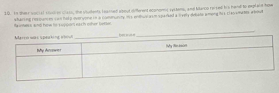 In their social studies class, the students learned about different economic systems, and Marco raised his hand to explain how 
sharing resources can help everyone in a community. His enthusiasm sparked a lively debate among his classmates about 
fairness and how to support each other better. 
because 
_