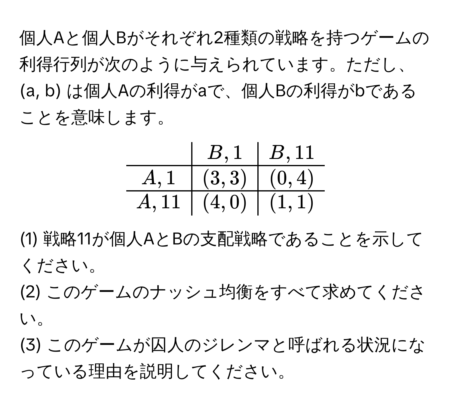 個人Aと個人Bがそれぞれ2種類の戦略を持つゲームの利得行列が次のように与えられています。ただし、(a, b) は個人Aの利得がaで、個人Bの利得がbであることを意味します。

[
beginarrayc|c|c
& B,1 & B,11 
hline
A,1 & (3,3) & (0,4) 
hline
A,11 & (4,0) & (1,1) 
endarray
]

(1) 戦略11が個人AとBの支配戦略であることを示してください。  
(2) このゲームのナッシュ均衡をすべて求めてください。  
(3) このゲームが囚人のジレンマと呼ばれる状況になっている理由を説明してください。