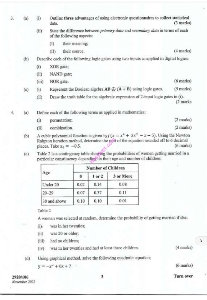 Outline three advantages of using electronic questionnaires to collect statistical 
data. (3 marks) 
(ii) State the difference between primary data and secondary data in terms of each 
of the following aspects: 
(I) their meaning; 
(1I) their source. (4 marks) 
(b) Describe each of the following logic gates using two inputs as applied in digital logics: 
(i) XOR gate; 
(ii) NAND gate; 
(iii) NOR gate. (6 marks) 
(c) (i) Represent the Boolean algebra AB ⊕ (overline A+B) using logic gates. (5 marks) 
(ii) Draw the truth table for the algebraic expression of 2 -input logic gates in (i). 
(2 marks 
4. (a) Define each of the following terms as applied in mathematies: 
(i) permutation; (2 marks) 
(ii) combination. (2 marks) 
(b) A cubic polynomial function is given by f(x=x^4+3x^2-x-5). Using the Newton 
Rahpton iteration method, determine the root of the equation rounded off to 6 decimal 
places. Take x_0=-0.5. (6 marks) 
(c) Table 2 is a contingency table showing the probabilities of women getting married in a 
particular constituency depending on their age and number of children: 
Table 2 
A woman was selected at random, determine the probability of getting married if she: 
(i). was in her twenties; 
(ii) was 20 or older; 
(iii) had no children; 3
(iv) was in her twenties and had at least three children. (4 marks) 
(d) Using graphical method, solve the following quadratic equation;
y=-x^2+6x+7 (6 marks) 
2920/106 3 Turn over 
November 2022