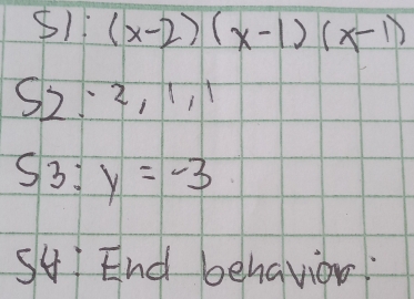 51: (x-2)(x-1)(x-1)
52:2, 1, 1
53:y=-3
S4 End behavior