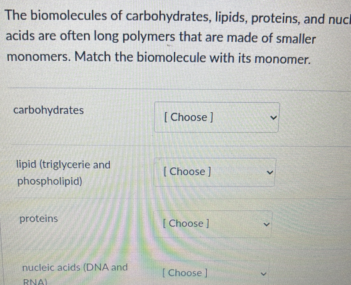 The biomolecules of carbohydrates, lipids, proteins, and nuc 
acids are often long polymers that are made of smaller 
monomers. Match the biomolecule with its monomer. 
carbohydrates 
[ Choose ] 
lipid (triglycerie and 
[ Choose ] 
phospholipid) 
proteins 
[ Choose ] 
nucleic acids (DNA and 
[ Choose ] 
RNA)