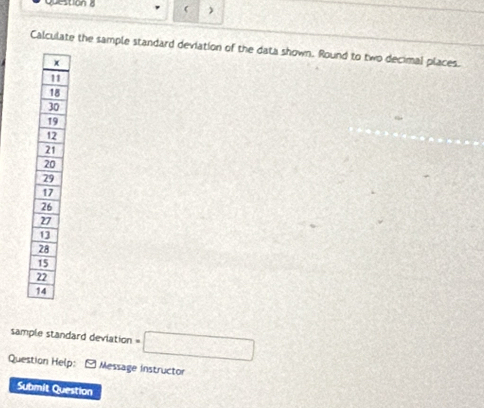  ) 
Calculate the sample standard deviation of the data shown. Round to two decimal places. 
sample standard deviation = □
Question Help: Message instructor 
Submit Question