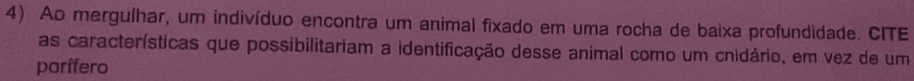 Ao mergulhar, um indivíduo encontra um animal fixado em uma rocha de baixa profundidade. CITE 
as características que possibilitariam a identificação desse animal como um cnidário, em vez de um 
parifero