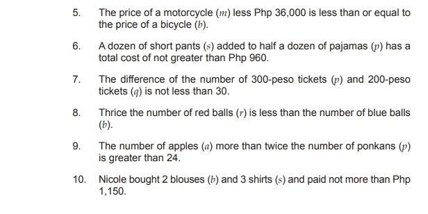 The price of a motorcycle (₁) less Php 36,000 is less than or equal to 
the price of a bicycle (b). 
6. A dozen of short pants (s) added to half a dozen of pajamas (p) has a 
total cost of not greater than Php 960. 
7. The difference of the number of 300-peso tickets (μ) and 200-peso
tickets (q) is not less than 30. 
8. Thrice the number of red balls (r) is less than the number of blue balls 
(b). 
9. The number of apples (д) more than twice the number of ponkans (p) 
is greater than 24. 
10. Nicole bought 2 blouses (b) and 3 shirts (s) and paid not more than Php
1,150.