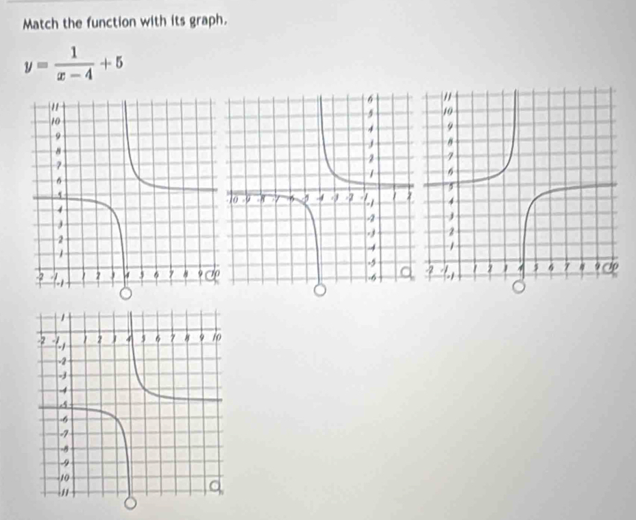 Match the function with its graph.
y= 1/x-4 +5