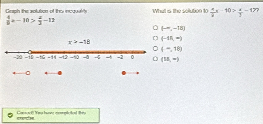 Graph the solution of this inequality What is the solution to  4/9 x-10> x/3 -12
 4/9 x-10> x/3 -12
(-∈fty ,-18)
(-18,=)
(-∈fty ,18)
(18,=)
。
Correct! You have completed this
exercise