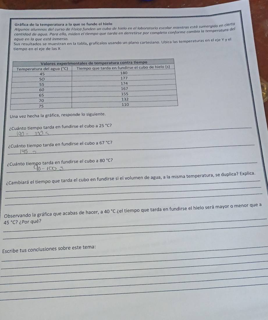 Gráfica de la temperatura a la que se funde el hielo
Algunos alumnos del curso de Física funden un cubo de hielo en el laboratorio escolar mientras está sumergido en cierta
cantidad de aqua. Para ello, miden el tiempo que tarda en derretirse por completo conforme cambía la temperatura del
agua en la que está inmerso.
Sus resultados se muestran en la tabla, grafícalos usando un plano cartesiano. Ubica las temperaturas en el eje Y y el
tiempo en el eje de las X
Una vez hecha la gráfica, responde lo siguiente.
_¿Cuánto tiempo tarda en fundirse el cubo a 25°C ?
_¿Cuánto tiempo tarda en fundirse el cubo a 67°C 2
_¿Cuánto tiempo tarda en fundirse el cubo a 80°C ?
_
_
¿Cambiará el tiempo que tarda el cubo en fundirse si el volumen de agua, a la misma temperatura, se duplica? Explica.
_
_
Observando la gráfica que acabas de hacer, a 40°C ¿el tiempo que tarda en fundirse el hielo será mayor o menor que a
_
45°C? ¿Por qué?
_
_Escribe tus conclusiones sobre este tema:
_
_
_
_