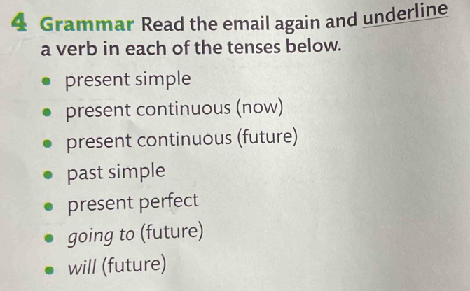 Grammar Read the email again and underline
a verb in each of the tenses below.
present simple
present continuous (now)
present continuous (future)
past simple
present perfect
going to (future)
will (future)