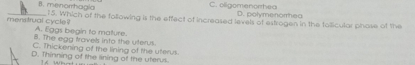 _B. menorrhagia C. oligomenorrhea D. polymenorrhea
15. Which of the following is the effect of increased levels of estrogen in the follicular phase of the
menstrual cycle?
A. Eggs begin to mature.
B. The egg travels into the uterus.
C. Thickening of the lining of the uterus.
D. Thinning of the lining of the uterus.
16 Wha