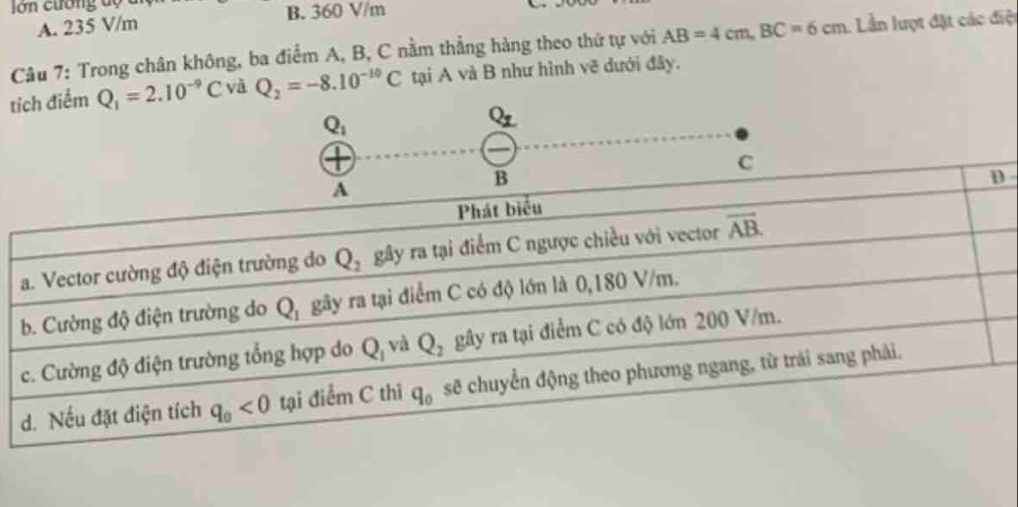 ớ n cường độ  t
A. 235 V/m B. 360 V/m
Câu 7: Trong chân không, ba điểm A, B, C nằm thẳng hàng theo thứ tự với AB=4cm,BC=6cm. Lần lượt đặt các điệt
tích điểm Q_1=2.10^(-9)C và Q_2=-8.10^(-10)C tại A và B như hình vẽ dưới đây.
D