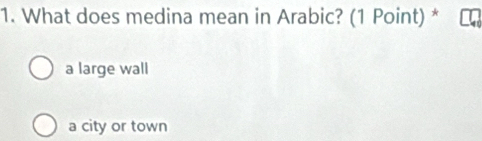 What does medina mean in Arabic? (1 Point) *
a large wall
a city or town