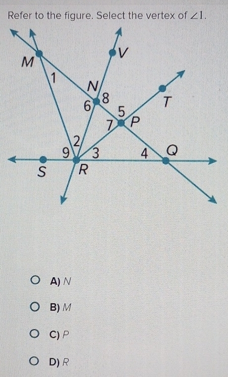 angle 1.
A) N
B) M
C) P
D) R