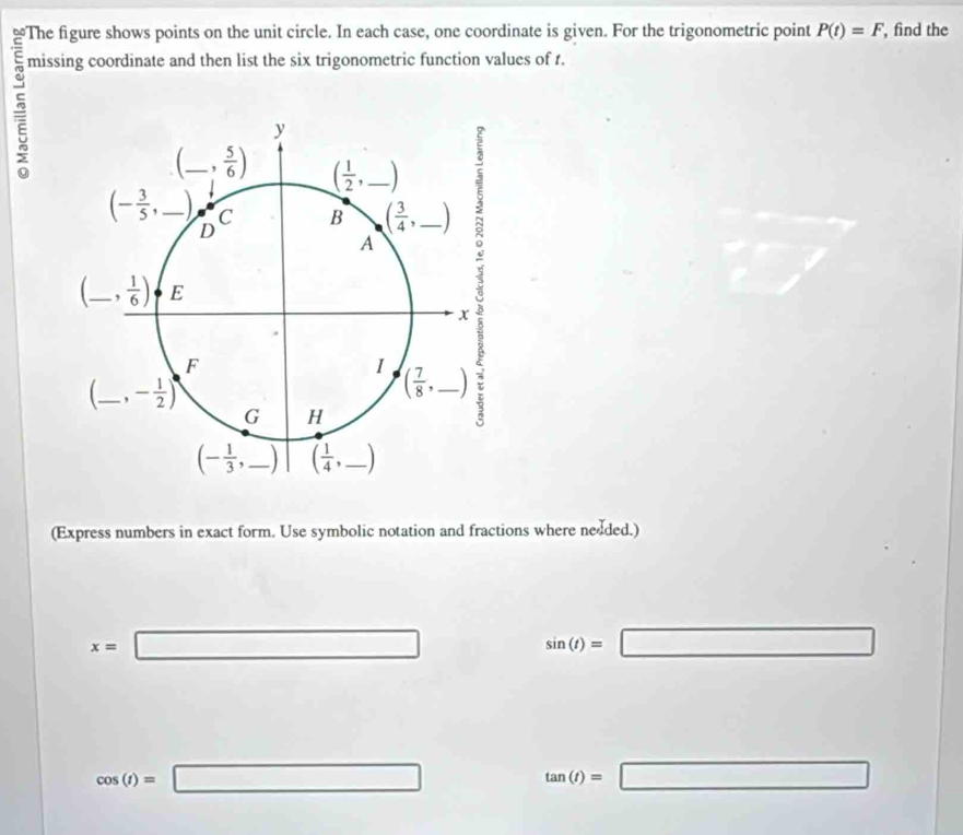 The figure shows points on the unit circle. In each case, one coordinate is given. For the trigonometric point P(t)=F , find the
missing coordinate and then list the six trigonometric function values of t.
(Express numbers in exact form. Use symbolic notation and fractions where nedded.)
x=□
sin (t)=□
cos (t)=□
tan (t)=□