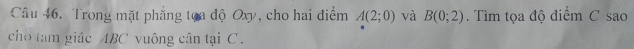 Trong mặt phẳng tựa độ Oxy, cho hai điểm A(2;0) và B(0;2) Tìm tọa độ điểm C sao 
cho tam giác ABC vuông cân tại C.