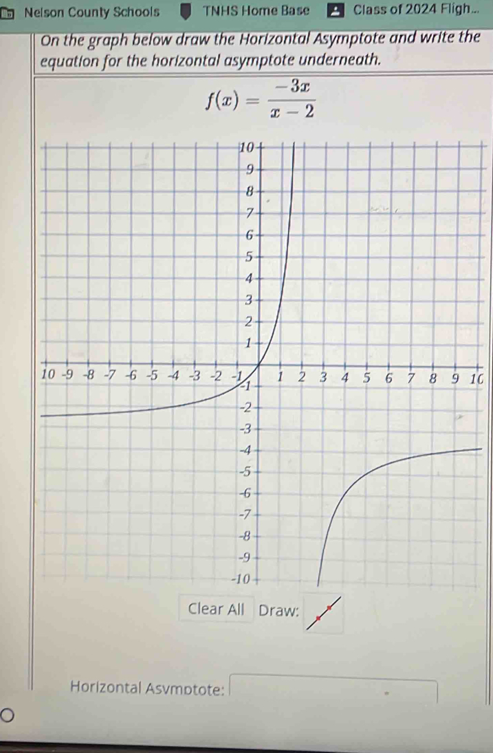 Nelson County Schools TNHS Home Base Class of 2024 Fligh... 
On the graph below draw the Horizontal Asymptote and write the 
equation for the horizontal asymptote underneath.
f(x)= (-3x)/x-2 
16 
Draw: 
Horizontal Asvmptote: □