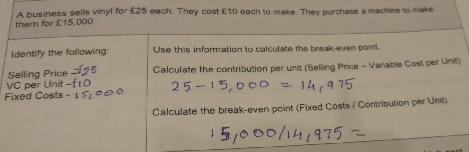 A business sells vinyl for £25 each. They cost £10 each to make. They purchase a machine to make 
them for £15,000. 
Identify the following: Use this information to calculate the break-even point. 
Selling Price Calculate the contribution per unit (Selling Price - Variable Cost per Unit) 
VC per Unit 
Fixed Costs 
Calculate the break-even point (Fixed Costs / Contribution per Unit)