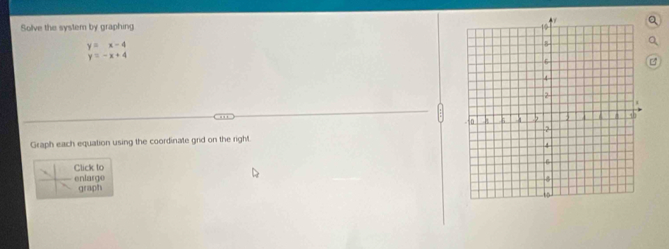 Solve the system by graphing
y=x-4
y=-x+4
Graph each equation using the coordinate grid on the right.
Click to
enlarge 
graph
