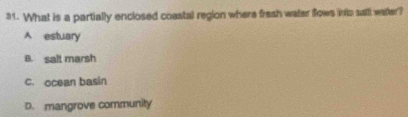 What is a partially enclosed coastal region where fresh water flows into sail water?
estuary
B. salt marsh
c. ocean basin
D. mangrove community