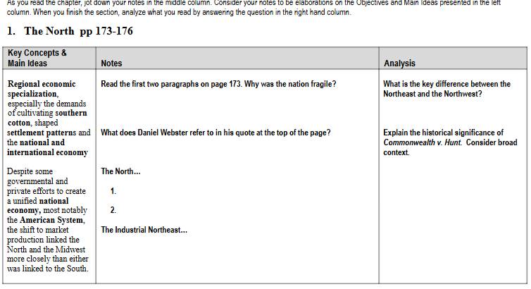 As you read the chapter, jot down your notes in the middle column. Consider your notes to be elaborations on the Objectives and Main Ideas presented in the left 
column. When you finish the section, analyze what you read by answering the question in the right hand column. 
1. The North pp 173-176 
K 
M 
R 
s 
es 
o 
c 
se 
th 
in 
D 
go 
pr 
a 
ec 
th 
th 
pr 
N 
m 
w