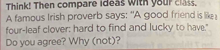 Think! Then compare ideas with your class. 
A famous Irish proverb says: “A good friend is like a 
four-leaf clover: hard to find and lucky to have." 
Do you agree? Why (not)?