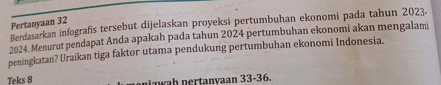 Pertanyaan 32
Berdasarkan infografis tersebut dijelaskan proyeksi pertumbuhan ekonomi pada tahun 2023. 
2024. Menurut pendapat Anda apakah pada tahun 2024 pertumbuhan ekonomi akan mengalami 
peningkatan? Uraikan tiga faktor utama pendukung pertumbuhan ekonomi Indonesia. 
Teks 8 
niawah nertanvaan 33 - 36.