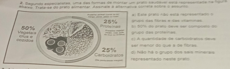 Segundo especialistas, uma das formas de montar um práto saudável está representada na figura
abaixo. Trata-se do prato alimentar. Assinale a alltemativa correta sctre o assuno
e prato não está representado o
das fíbras e das vitammas
% do prato deve ser composto do
das profeínas.
uantidade de carboidratos deve
enor do que a de fbras.
o há o grupo dos sais minerais
sentado meste prafo.