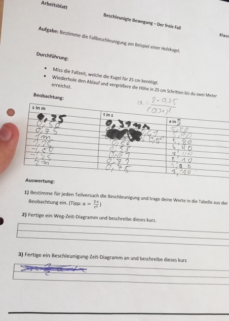 Arbeitsblatt Beschleunigte Bewegung - Der freie Fall
Klass
Aufgabe: Bestimme die Fallbeschleunigung am Beispiel einer Holzkugel.
Durchführung:
Miss die Fallzeit, welche die Kugel für 25 cm benötigt.
erreichst.
Wiederhole den Ablauf und vergrößere die Höhe in 25 cm Schritten bis du zwei Meter
Beobachtung:
1) Bestimme für jeden Teilversuch die Beschleunigung und trage deine Werte in die Tabelle aus der
Beobachtung ein. (Tipp: a= 2· s/t^2 )
2) Fertige ein Weg-Zeit-Diagramm und beschreibe dieses kurz.
3) Fertige ein Beschleunigung-Zeit-Diagramm an und beschreibe dieses kurz