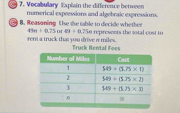 Vocabulary Explain the difference between
numerical expressions and algebraic expressions.
C 8. Reasoning Use the table to decide whether
49n+0.75 or 49+0.75n represents the total cost to
rent a truck that you drive n miles.
Truck Rental Fees