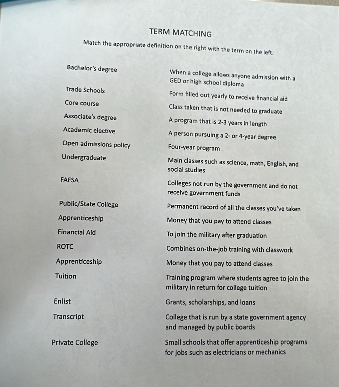 TERM MATCHING 
Match the appropriate definition on the right with the term on the left. 
Bachelor’s degree When a college allows anyone admission with a 
GED or high school diploma 
Trade Schools Form filled out yearly to receive financial aid 
Core course Class taken that is not needed to graduate 
Associate’s degree A program that is 2-3 years in length 
Academic elective A person pursuing a 2 - or 4-year degree
Open admissions policy Four-year program 
Undergraduate Main classes such as science, math, English, and 
social studies 
FAFSA Colleges not run by the government and do not 
receive government funds 
Public/State College Permanent record of all the classes you’ve taken 
Apprenticeship Money that you pay to attend classes 
Financial Aid To join the military after graduation 
ROTC Combines on-the-job training with classwork 
Apprenticeship Money that you pay to attend classes 
Tuition Training program where students agree to join the 
military in return for college tuition 
Enlist Grants, scholarships, and loans 
Transcript College that is run by a state government agency 
and managed by public boards 
Private College Small schools that offer apprenticeship programs 
for jobs such as electricians or mechanics