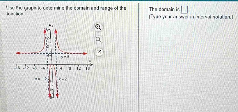 Use the graph to determine the domain and range of the The domain is
function. (Type your answer in interval notation.)