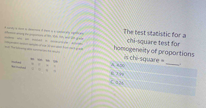 A survey is done to determine if there is a statistically significant
The test statistic for a
difference among the proportions of 9th, 10th. 11th, and 12th grade chi-square test for
students who are involved in extracurricular activities homogeneity of proportions
Independent random samples of size 30 are taken from each grade
level. The following table summarizes the results is chi-square =_ .
9th 10th 11th 12th A. 4.00
Involved 18 17 14 11 B. 7.99
Not Involved 12 13 16 19
C. 0.26