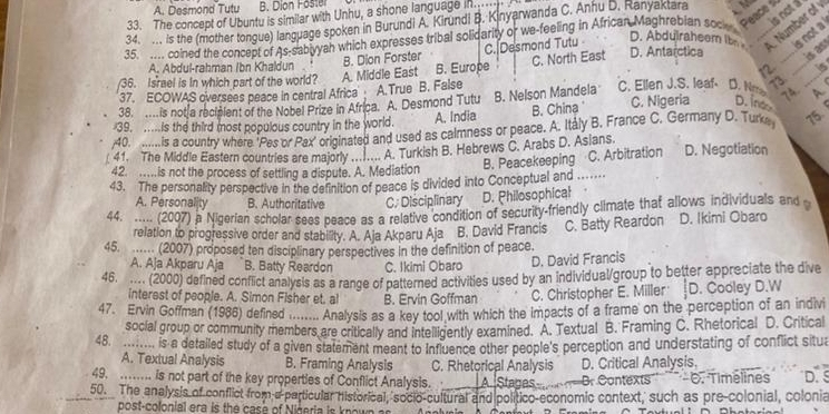 A. Desmond Tutu B. Dion Foster
is not a
33. The concept of Ubuntu is similar with Unhu, a shone language i 
34. . is the (mother tongue) language spoken in Burundi A. Kirundi B. Kinyarwanda C. Anhu D. Ranyaktara
D. Abdulraheom ib A Number of v
is not a 
35. m. coined the concept of As-sabiyyah which expresses tribal solidarity or we-feeling in African Maghrebian soc Peace_
A. Abdul-rahman (bn Khaldun . B. Dion Forster C. Desmond Tutu
/36. Israel is in which part of the world? A. Middle East B. Europe C. North East D. Antarctica _ _isas
is 
37. ECOWAS oversees peace in central Africa  A.True B. False
C. Ellen J.S. leaf D. Nrs 73
A.
38.  is not a recipient of the Nobel Prize in Africa. A. Desmond Tutu
39. .....is the third most populous country in the world. A. India B. Nelson Mandela B. China C. Nigeria D. ine
40. .. is a country where 'Pes or Pax' originated and used as calmness or peace. A. Italy B. France C. Germany D. Turks 75
41. The Middle Eastern countries are majorly ........ A. Turkish B. Hebrews C. Arabs D. Asians D. Negotiation
42. …is not the process of settling a dispute. A. Mediation B. Peacekeeping C. Arbitration
43. The personality perspective in the definition of peace is divided into Conceptual and .......
A. Personality B. Authoritative C. Disciplinary D. Philosophical
44. ..... (2007) a Nigerian scholar sees peace as a relative condition of security-friendly climate that allows individuals and 
relation to progressive order and stability. A. Aja Akparu Aja B. David Francis C. Batty Reardon D. Ikimi Obaro
45. .... (2007) proposed ten disciplinary perspectives in the definition of peace.
A. Aja Akparu Aja B. Batty Reardon C. Ikimi Obaro
D. David Francis
46. .... (2000) defined conflict analysis as a range of patterned activities used by an individual/group to better appreciate the dive
interest of people. A. Simon Fisher et, al B. Ervin Goffman C. Christopher E. Miller D. Cooley D.W
47. Ervin Goffman (1986) defined ........ Analysis as a key tool with which the impacts of a frame on the perception of an indivi
social group or community members are critically and intelligently examined. A. Textual B. Framing C. Rhetorical D. Critical
48. ...... is a detailed study of a given statement meant to influence other people's perception and understating of conflict situa
A. Textual Analysis B. Framing Analysis C. Rhetorical Analysis D. Critical Analysis.
49. ... is not part of the key properties of Conflict Analysis. A. Stages _B. Contexts -O. Timelines D. S
50. The analysis of conflict from a-particular historical, socio-cultural and político-economic context, such as pre-colonial, colonia
post-colonial era is the case of  Nigeria is known  r