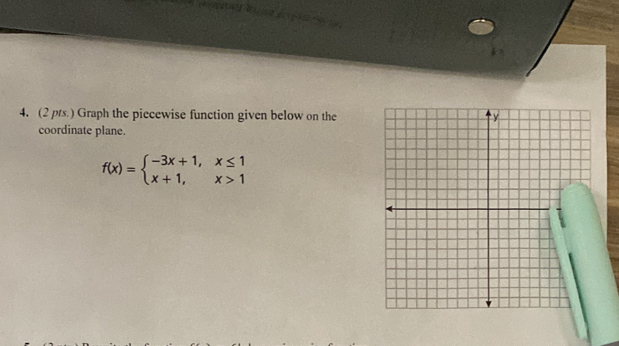 (2 pts.) Graph the piecewise function given below on the 
coordinate plane.
f(x)=beginarrayl -3x+1,x≤ 1 x+1,x>1endarray.