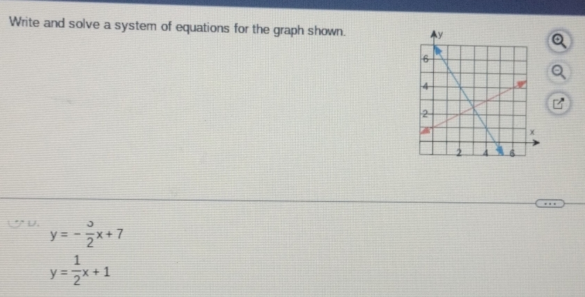 Write and solve a system of equations for the graph shown.
D. y=- 3/2 x+7
y= 1/2 x+1