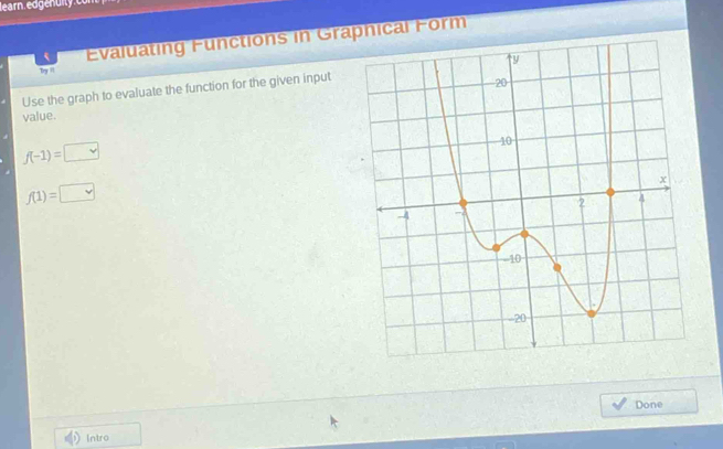 learn ed euit 
Ty i Evaluating Functions in Graphical Form 
Use the graph to evaluate the function for the given input 
value.
f(-1)=□
f(1)=□
Done 
Intro