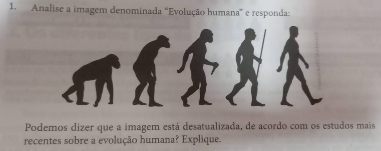 Analise a imagem denominada “Evolução humana” e responda: 
Podemos dizer que a imagem está desatualizada, de acordo com os estudos mais 
recentes sobre a evolução humana? Explique.