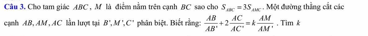 Cho tam giác ABC , M là điểm nằm trên cạnh BC sao cho S_ABC=3S_AMC. Một đường thằng cắt các 
cạnh AB, AM , AC lần lượt tại B', M', C' phân biệt. Biết rằng:  AB/AB' +2 AC/AC' =k AM/AM' . Tìm k