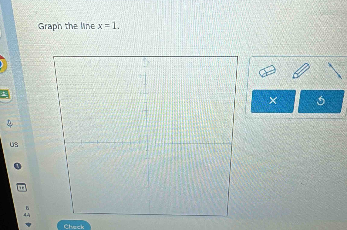 Graph the line x=1.
US
0
16
8
44
Check