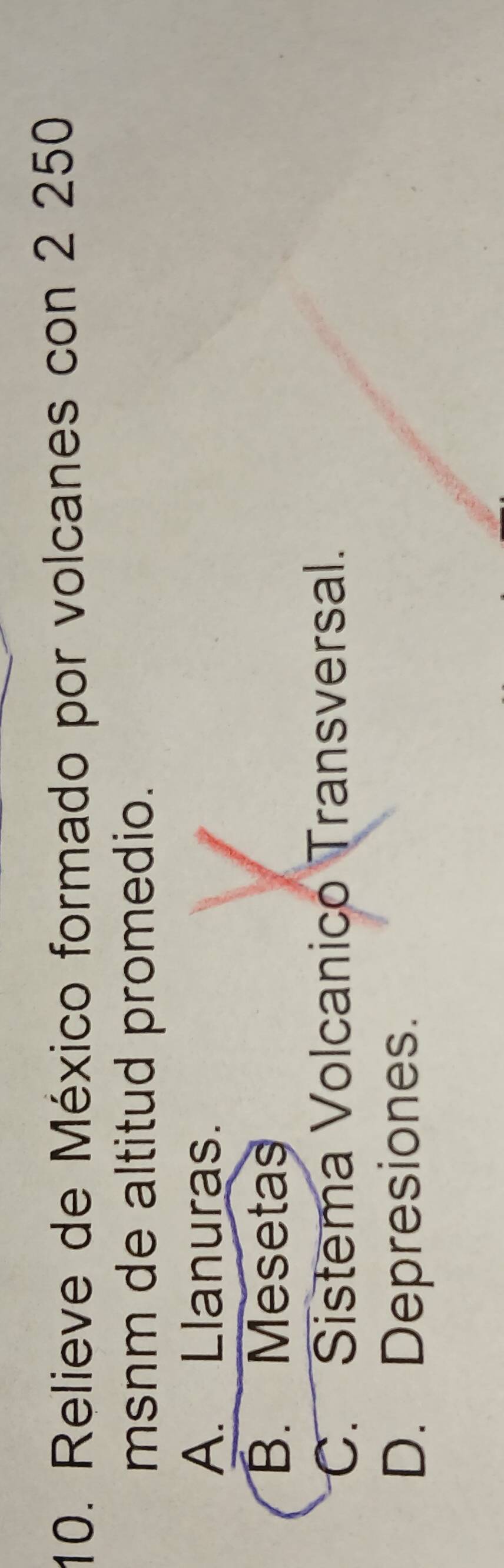 Relieve de México formado por volcanes con 2 250
msnm de altitud promedio.
A. Llanuras.
B. Mesetas
C. Sistema Volcanico Transversal.
D. Depresiones.