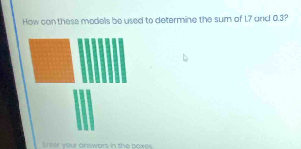 How can these models be used to determine the sum of 1.7 and 0.3? 
Enter your answers in the boxes.