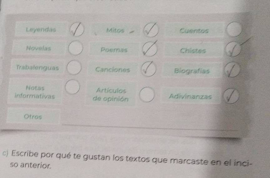 Leyendas Mitos Cuentos 
Novelas Poemas Chistes 
Trabalenguas Canciones Biografías 
Notas Artículos 
informativas de opinión Adivinanzas 
Otros 
_ 
__ 
c) Escribe por qué te gustan los textos que marcaste en el inci- 
so anterior.