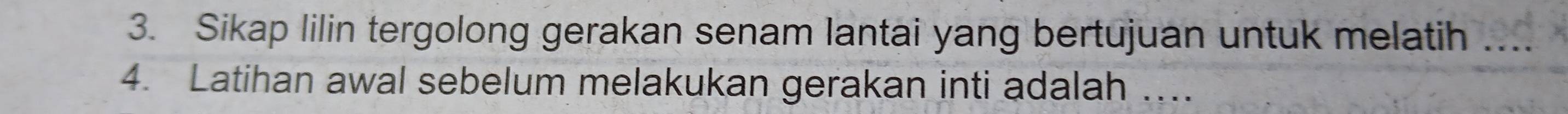 Sikap lilin tergolong gerakan senam lantai yang bertujuan untuk melatih .... 
4. Latihan awal sebelum melakukan gerakan inti adalah ….